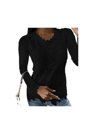 Novahub Gmxıa Kadın Modası Rahat Yazlık Düz Renk Baskılı Uzun Kollu O-yaka Bluzlar Ve Gömlekler Siyah Siyah