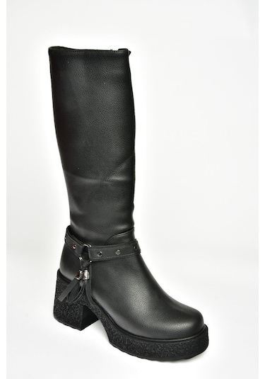 Fox Shoes T996224009 Siyah Kalın Topuklu Kadın Çizme Siyah-Suni Deri