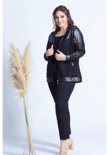 4031 SİYAH FERMUARLI DERİLİ KOMBİN DANTEL BÜYÜK BEDEN CEKET Siyah