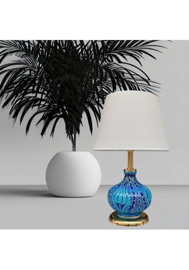 Patara Abajur Gold Kaplamalı Mavi Çini Krem Şapka Mavi