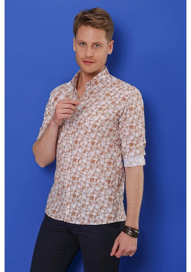 G 1542 Slim Fit Taba Klasik Gömlek Taba