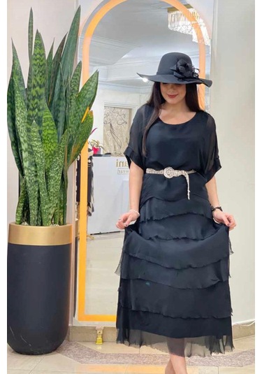 İtalyan 2 Beden İnce Gösteren Yarım Kol Kat Kat Ipek Elbise Siyah