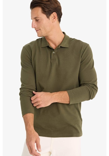 DeFacto %100 Pamuk New Regular Fit Polo Yaka Basic Düz Uzun Kollu Dokulu Pike Tişört D7530AX25SPKH438