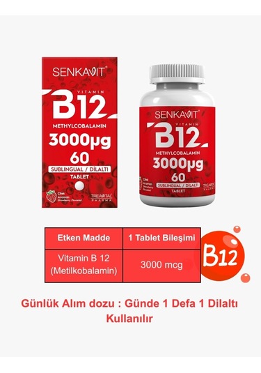 Senkavit B12 3000 Mcg Dil Altı Sublıngual 60 Tablet Çilek Aroma
