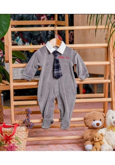 Lamato Baby Ekose Kravatlı Kadife Bebe Erkek Tulum Gri