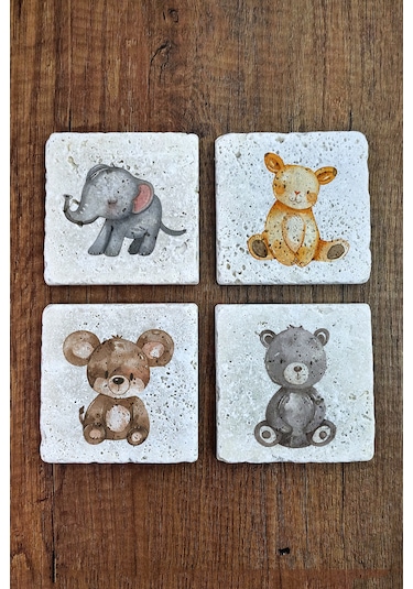 Sevimli Hayvanlar Temalı Doğal Taş Bardak Altlığı - Stone Coasters Çok Renkli