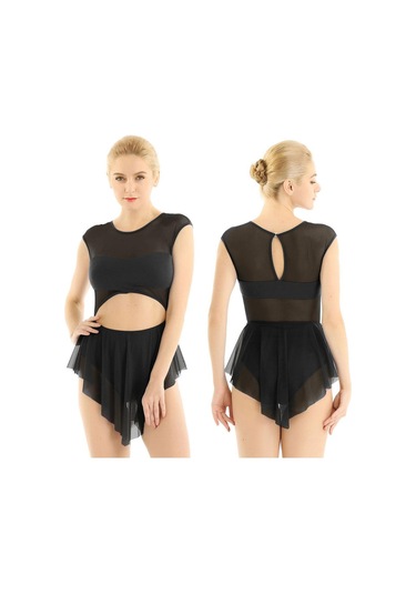 Siyah Kadın Lirik Modern Bale Dans Elbise Asimetrik Şeffaf Örgü Tutu Etekli Leotard