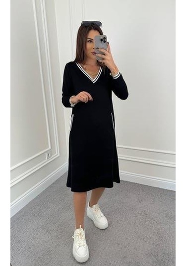 Kadın Uzun Kollu V Yakalı Şerit Detaylı Cepli Midi Viskon Iki Iplik Elbise Siyah