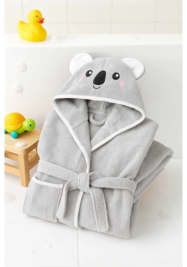 Kapşonlu Unisex %100 Pamuklu Çocuk Banyo Bornozu Koala 7-8 Yaş