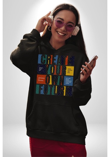 Geleçeği Seninle Planlayalım Kadın Erkek Siyah Kapüşonlu Sweatshirt Hoodie Siyah