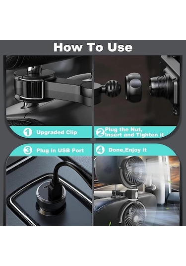 Motion003 1 Adet Siyah Çift Başlıklı Usb Araç Koltuk Fanı Katlanabilir Dönebilir Sessiz Güçlü Rüzgar Kamyonet Suv Sedan Yaz Seyahati