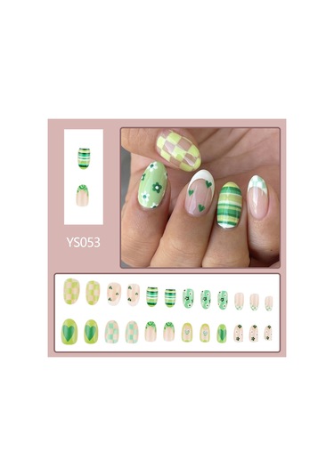 İlkbahar Ve Yaz Taze Oval Kalp Takma Tırnaklar Yeşil Çizgiler Kontrast Renk Fransız Aşınma Tırnakları Çiçek Izgara Tırnak Sanatı 24 Parça Dahil Araçlarys053