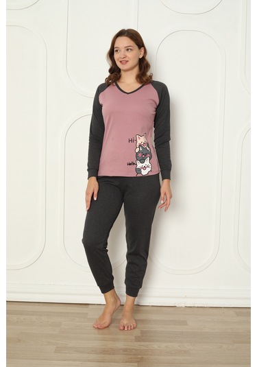 Fawn 04-3024 İnterlok Kumaş Minnoş Kedili Kışlık Ev Kadın Pijama Takımı Koyu Lila