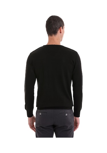 Hatemoğlu Siyah Regular Fit Düz V Yaka Yünlü Triko Kazak Siyah