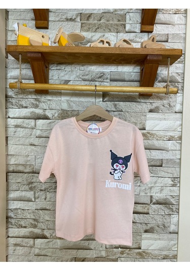 Aysbebe Kuromi Kabartma Baskılı Fırçalı Kumaş Kız Çocuk Tişört Pudra Pembe 1950