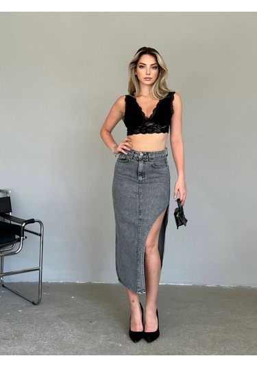 Shevega Kadın Füme Uzun Ön Parçali Asimetrik Kot Etek Füme