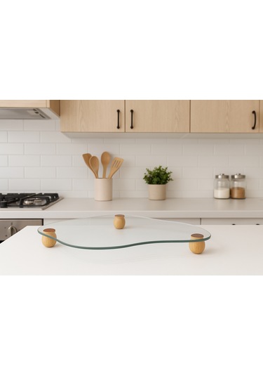 Cam Bulut Tepsi Organizer Ahşap Top Ayaklı Şeffaf