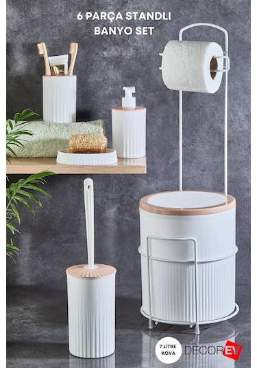 Decorev Banyo Set 6 'lı Metal Standlı Tuvalet Wc Kağıtlık Lüks Set Beyaz