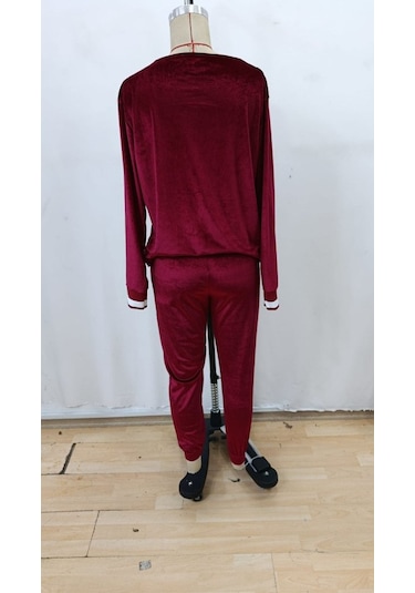 Evyora Kadın Uzun Kollu V Yaka Kadife Bluz Ve Pantolon Ikili Takım Kırmızı