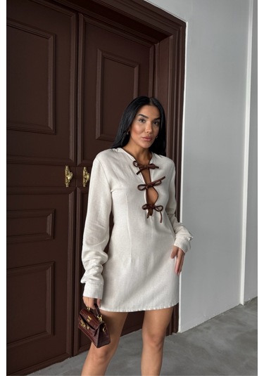 Kısa Elbise Ön Biye Bağlama Detaylı - Ham M