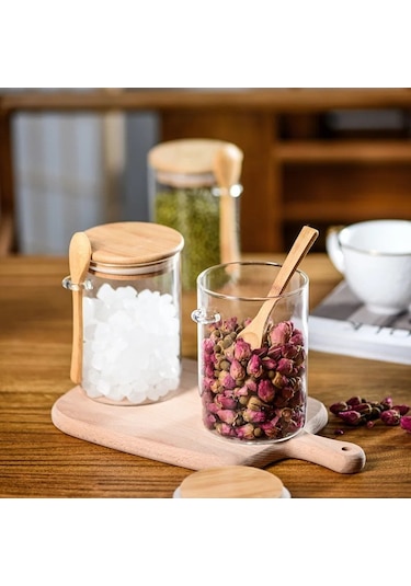 Qerhome Borosilikat Cam Bambu Kapaklı Ve Bambu Kaşıklı Baharat Seti 6 Adet 450ml ŞEffaf