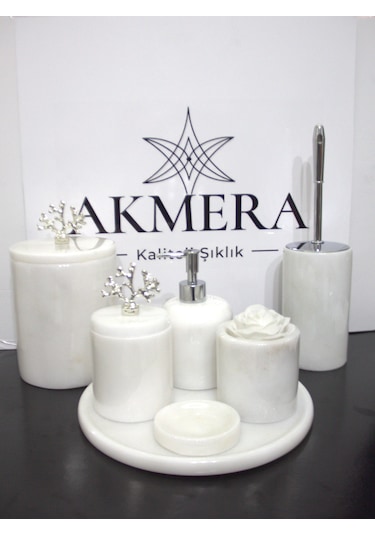 Beyaz Mermer Gümüş Mercan Detaylı 7 Parça Banyo Seti Beyaz