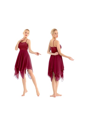 Şarap Kırmızısı Bayan Bale Balo Salonu Dans Elbise Spagetti Kayışı Kolsuz Asimetrik Çağdaş Giyim Şarap Kırmızısı