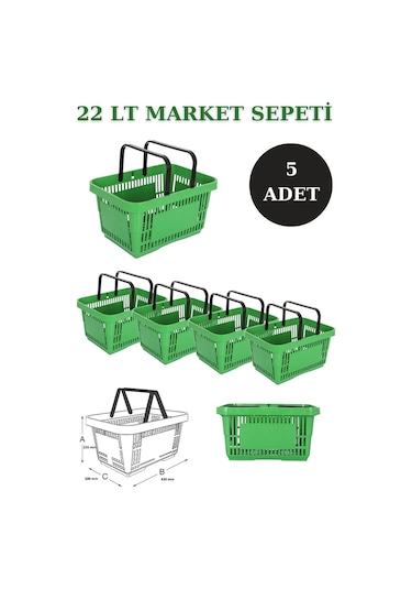 5 adet 22Litre Market ve Alışveriş Sepeti, Saplı Market Sepeti Y
