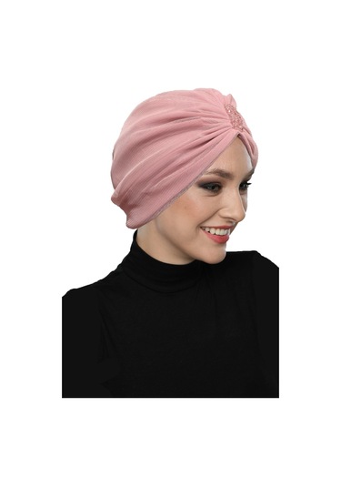 Dizayn Tüllü Kristal Taş İşlemeli Çift Taraflı Astarlı Pudra Hazır Türban Tesettür Abiye Bone Pudra