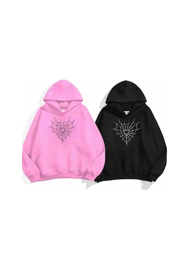 Oneoctobeer Örümcek Ag Çift Kombini 3 İplik Sweatshirt Hodeie Pembe