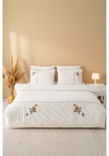 Donna Bej Nakışlı Çift Kişilik Pamuklu Nevresim Seti - 6 Parça Çeyiz Seti Bej