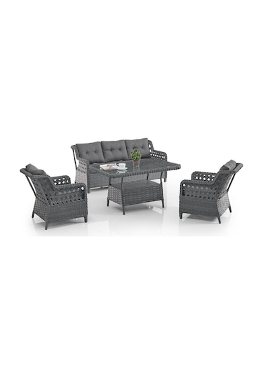Deniz Rattan Puflu Bahçe Balkon Takımı 3+1+1 Antrasit