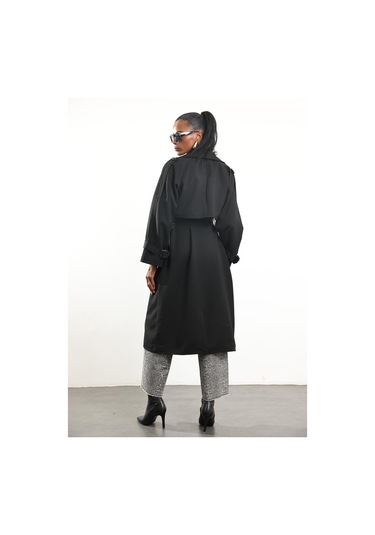 Siyah Kuşaklı Kruvaze Palto Siyah