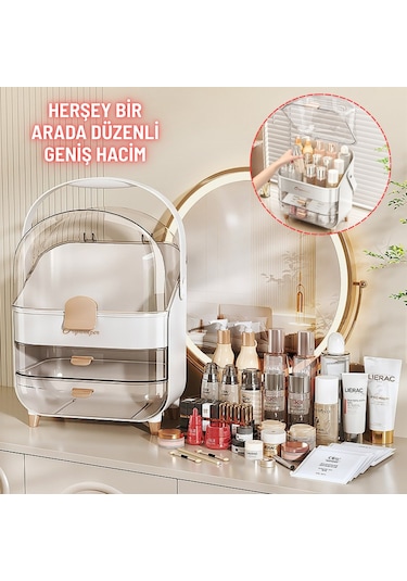 Çekmeceli Kozmetik Organizer Makyaj Kutusu Fırça Takı Ve Aksesuar Düzenleyici Bej