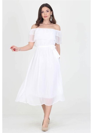 Neşeli Butik Kadın Yeni Sezon Madonna Yaka Bağlama Detaylı Şifon Elbise Ry8060 Beyaz