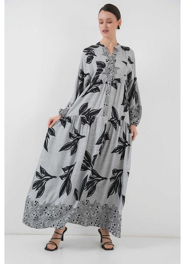 Gabria Ön Düğmeli Desenli Viskon Elbise Gri
