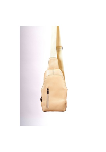Unisex Krem Hakiki Deri Çapraz Badybag Omuz Ve Göğüs Çantası Usb Çıkışlı Bej