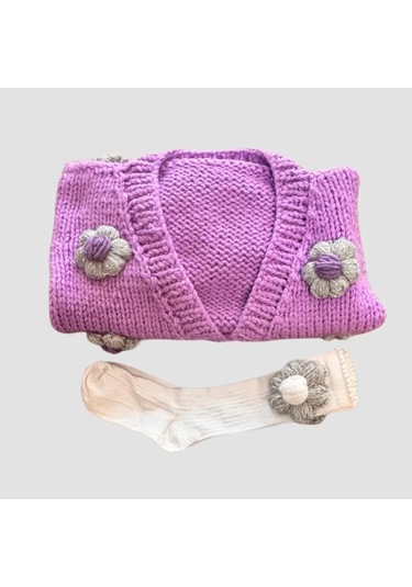 Uretti - Gülnur 2184 - El Örgüsü Çiçek Motifli Çoraplı Kız Çocuk Hırka 4 Yaş - Mor Mor