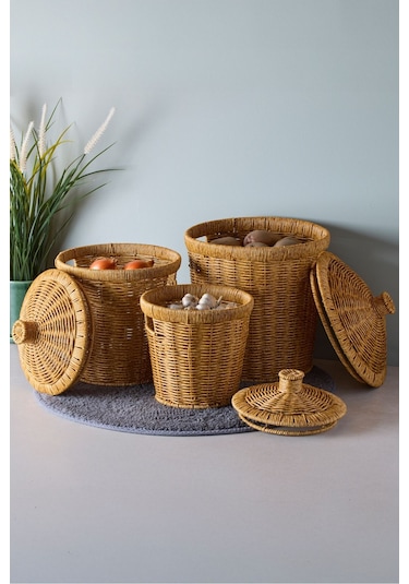 Bansko 3'lü Kahverengi Patates Soğan Sarımsak Sepeti Acıkkahverengı Hasır Kahve