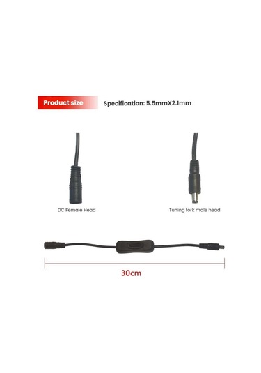 Sones 2 Adet 5,5x2,1 Mm Erkek Dişi Bağlantı Kablosu Dc Anahtar Kablosu 304 Anahtar Güç Kablosu Siyah