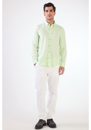 Açık Yeşil Erkek Slim Fit Düz Brent Düğmeli Yaka Uzun Kol Gömlek - 102474 Açık Yeşil