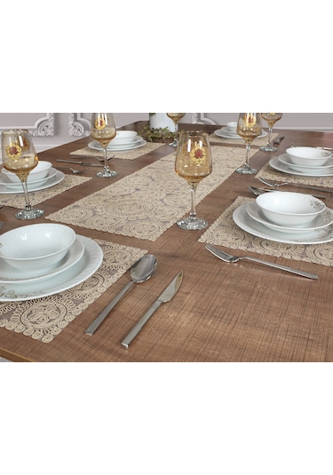 Amerikan Servis Supla ve Runner Seti 6 Kişilik Set Victoria Bej Çok Renkli