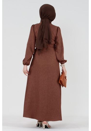 Yanı Bağcıklı Keten Elbise-kahverengi-3365-açık Mavi Açık Mavi