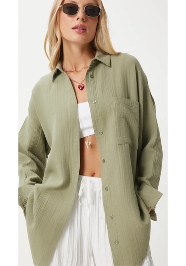 Kadın Oversize Basic Cepli Müslin Gömlek Yeşil