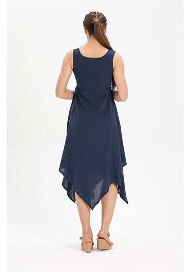 Kolsuz Şile Bezi Üçgen Katlı Midi Boy Elbise Lacivert Lcvt