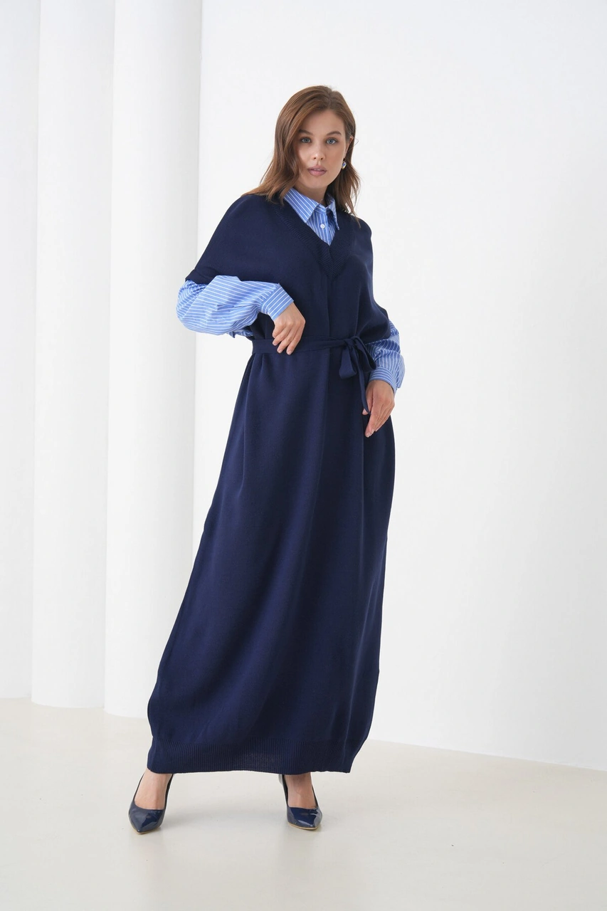 Kadın Uzun Kol Gömlek Yaka İçi Gömlekli Triko Kuşaklı Triko Spor Şık Elbise Lacivert