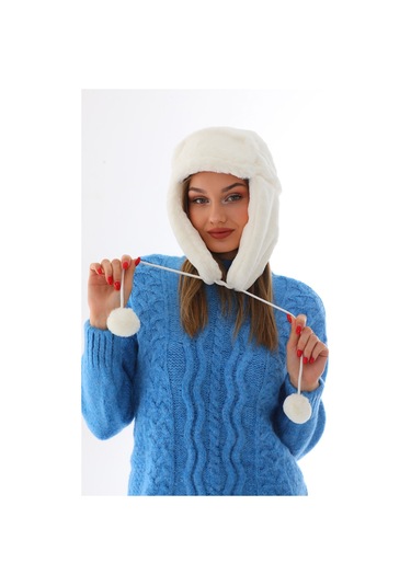 Kadın Ekru Kürklü Kulaklıklı Peluş Şapka Ekru