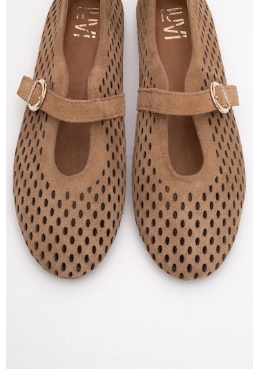 Arian Toprak Süet Hakiki Deri Delikli Kadın Babet Ayakkabı Toprak