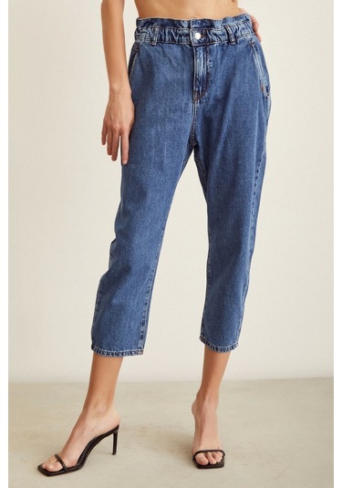 Never More Beli Lastikli Mom Jean Mavi