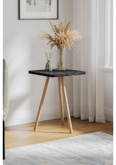 İntergo Kare Tasarımlı Ahşap Ayaklı Tekli Zigon Sehpa Siyah Mermer